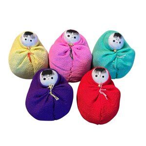 Kokeshi Beanbag Dolls Lot Of 5 Fabric Charm Ornament Japanese Painted Face Vtg